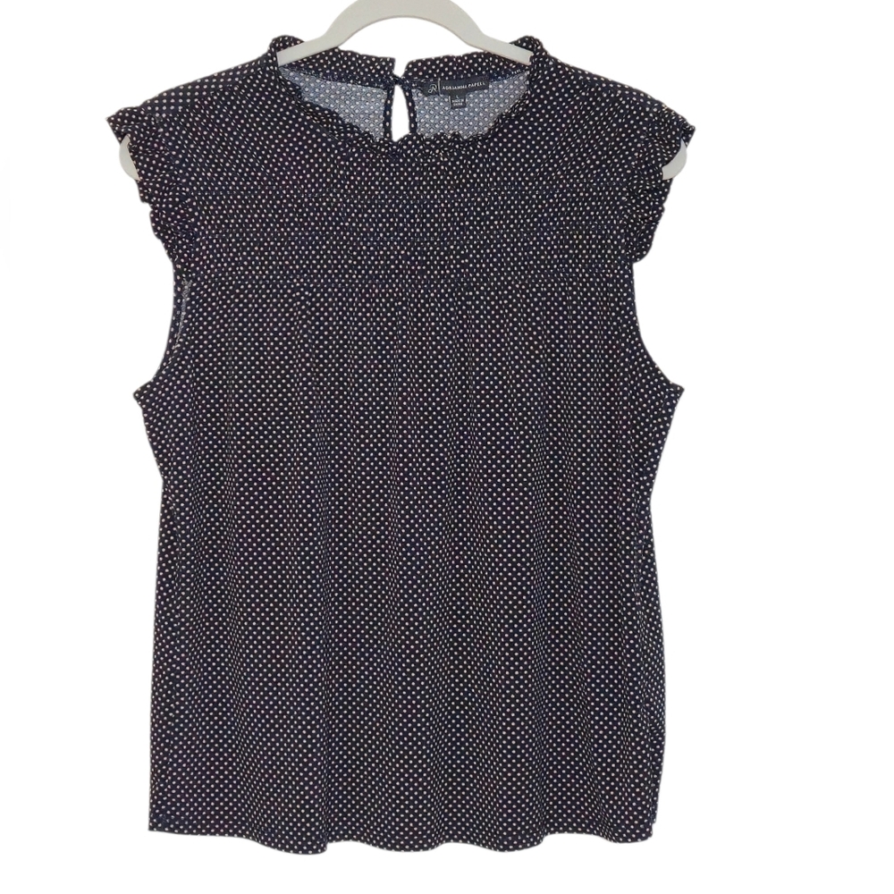 Adrianna Papell Navy Polka Dot Blouse Cap Sleeve Size L